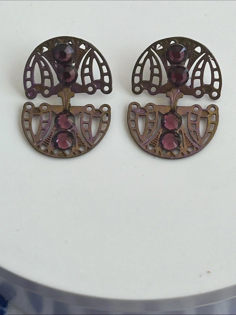 Purple/Pink Iridescent Art Deco Filigree Stud Earrings with Purple Stones